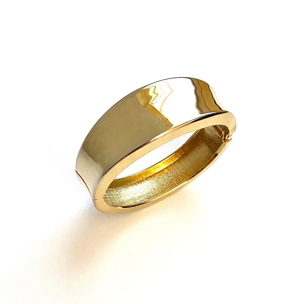 Polished Gold Tone Hinged Clamper Bracelet Concave Tapered Band *80s*GUC*